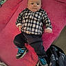 baby, baby_shoes, blanket, blue_laces, casual, child, clothing, cute, floor, footwear, indoor, infant, lying_down, pants, person, pink_blanket, plaid_shirt, portrait, sneakers, young_child