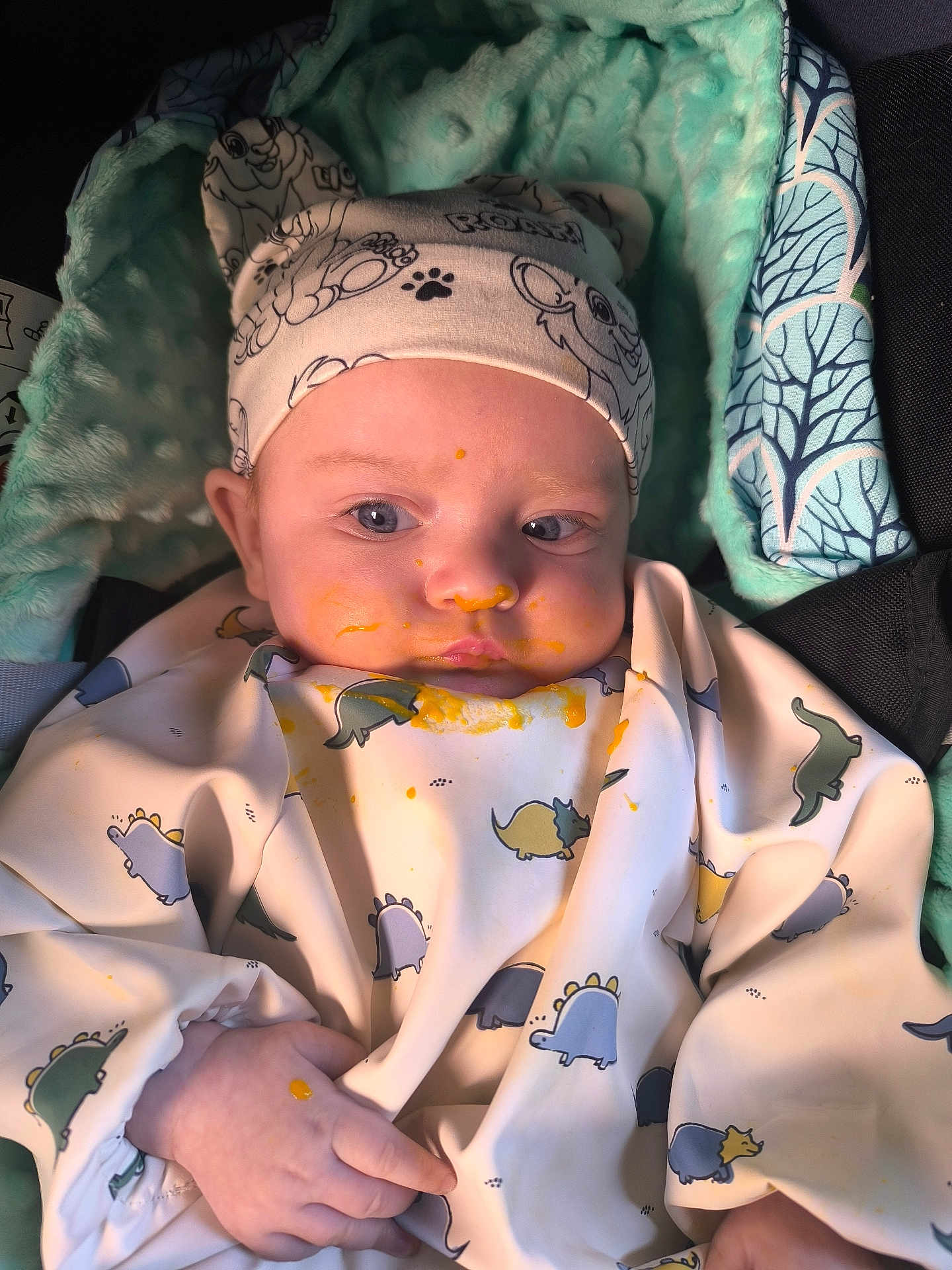 Eden participe au concours pour gagner de l'argent avec cette photo : baby, infant, face, eyes, hat, bib, baby_food, stain, messy, blanket, car_seat, dinosaur_pattern, hand, cheeks, skin, cute, feeding_time, hood, clothing, portrait