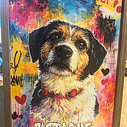 Pistache a rejoint le concours — aidez-le/la à gagner de superbes lots ! painting, dog, portrait, frame, colorful, graffiti, hearts, paw_prints, crown, artwork, collar, fur, wooden_frame, background, expression, nose, ears, eyes, text, decorative