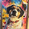 painting, dog, portrait, frame, colorful, graffiti, hearts, paw_prints, crown, artwork, collar, fur, wooden_frame, background, expression, nose, ears, eyes, text, decorative