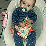 Julia a rejoint le concours — aidez-le/la à gagner de superbes lots ! baby, pacifier, blue_outfit, polka_dot, fabric_book, baby_seat, cushion, floor_tiles, indoor, child, infant, hands, feet, toy, curious, seated, closeup, portrait, cute, young