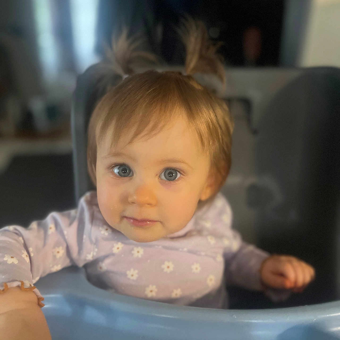 Julia participe au concours pour gagner de l'argent avec cette photo : baby, background_blur, blue, child, clothing, curious, cute, expression, face, hair, high_chair, indoor, light, long_sleeves, person, pigtails, portrait, sitting, toddler, young