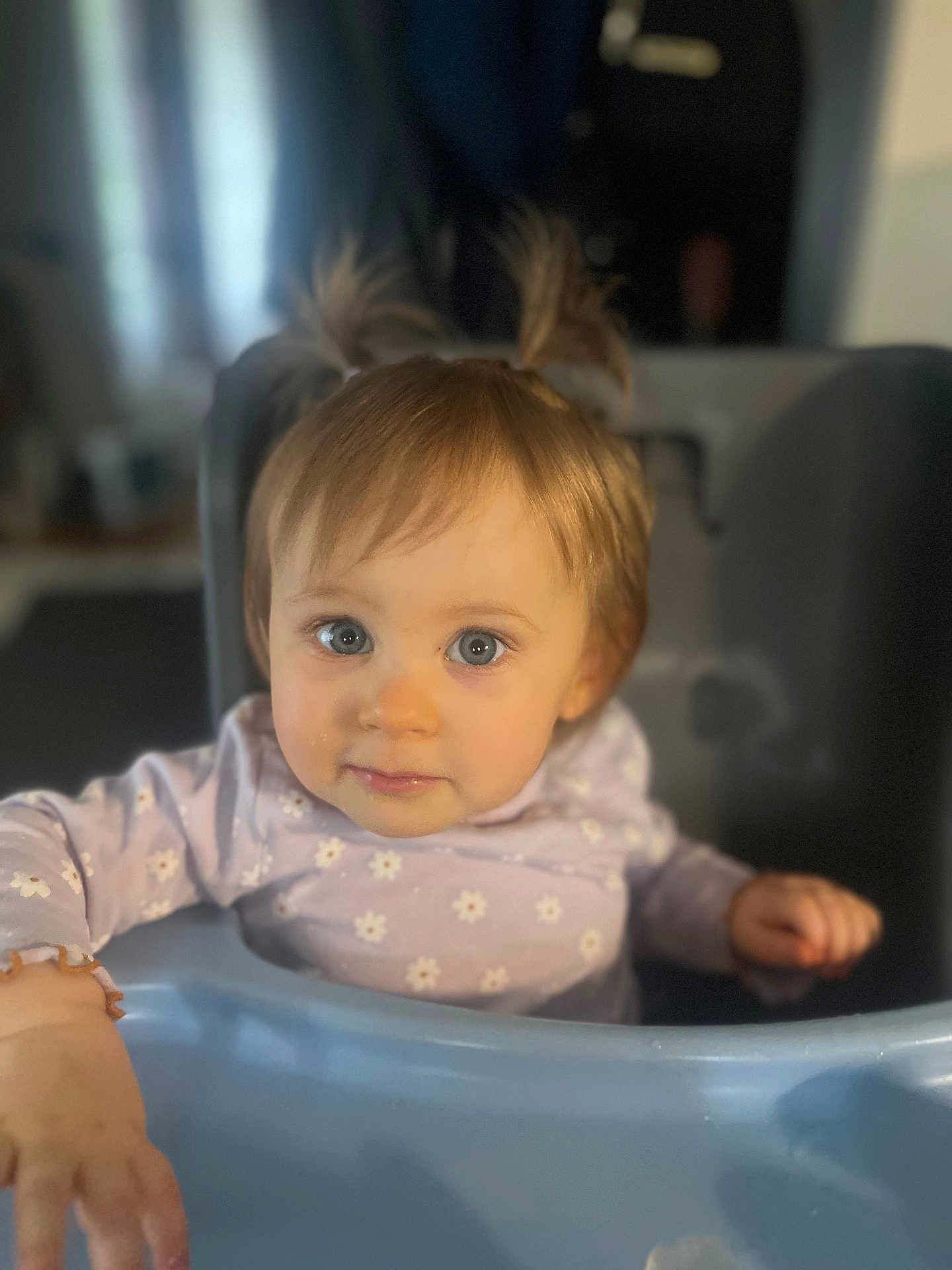 Julia participe au concours pour gagner de l'argent avec cette photo : child, toddler, baby, high_chair, blue, indoor, person, face, hair, pigtails, clothing, long_sleeves, curious, expression, cute, young, portrait, sitting, light, background_blur