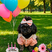 Germani joined the competition — help win amazing prizes! balloons, birthday_cake, candles, celebration, cute, daylight, dog, festive, flower_bouquet, flowers, grass, green, outdoor, park, pet_clothing, pink, portrait, purple, small_dog, yellow