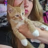 animal, blonde_hair, casual, cat, cozy, cute, face, furniture, holding, home, indoor, kitten, long_hair, orange_tabby, person, pet, portrait, selfie, white_paws, woman