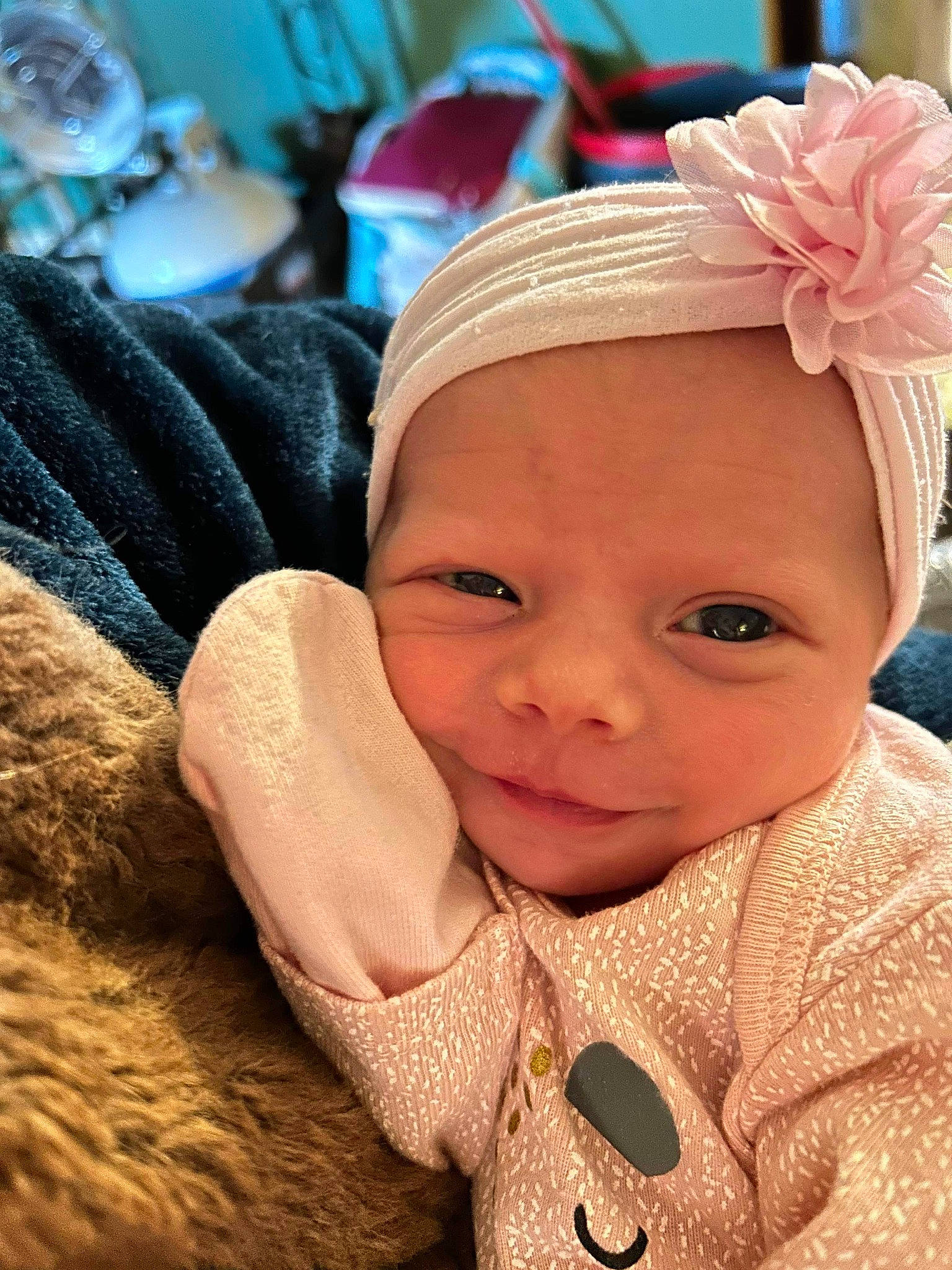 Rosaleigh is registered to the contest to win money with this photo: baby, baby_toddler_clothing, cap, cheek, child, costume_hat, fashion_accessory, grass, hair_accessory, happy, headband, headpiece, lip, peach, person, pink, skin, smile, textile, toddler