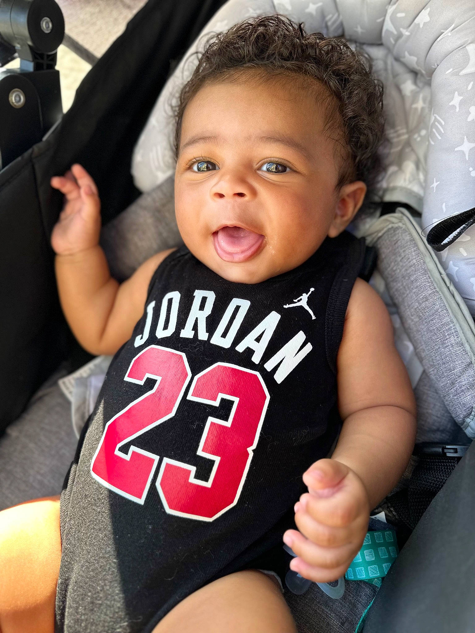 Carter joined the competition — help win amazing prizes! arm, baby, baby_toddler_clothing, black_hair, cheek, comfort, cool, finger, flash_photography, fun, gesture, hand, happy, jersey, lip, mouth, person, sleeve, thigh, thumb