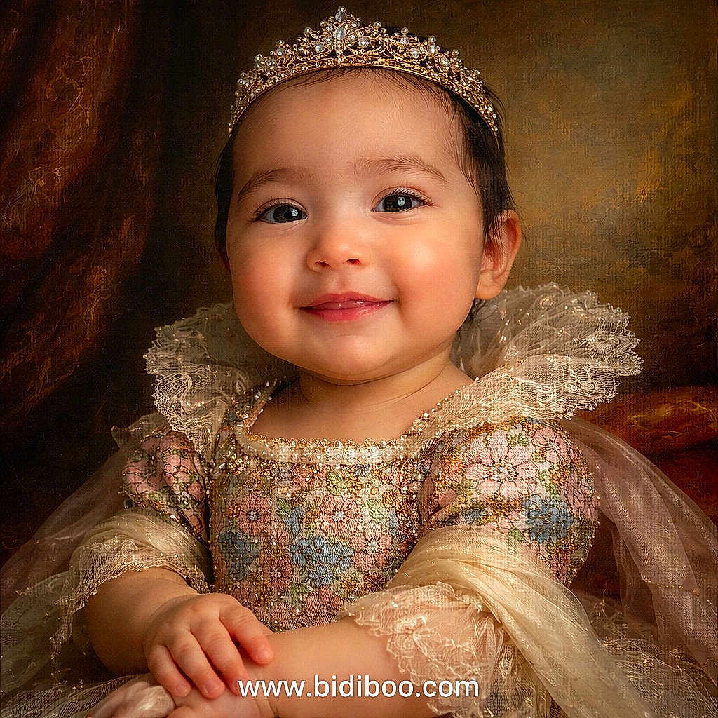 Reyna is registered to the contest to win money with this photo: baby, child, tiara, crown, dress, floral, lace, portrait, smile, face, hand, costume, royalty, fabric, background, cute, young, person, photography, studio