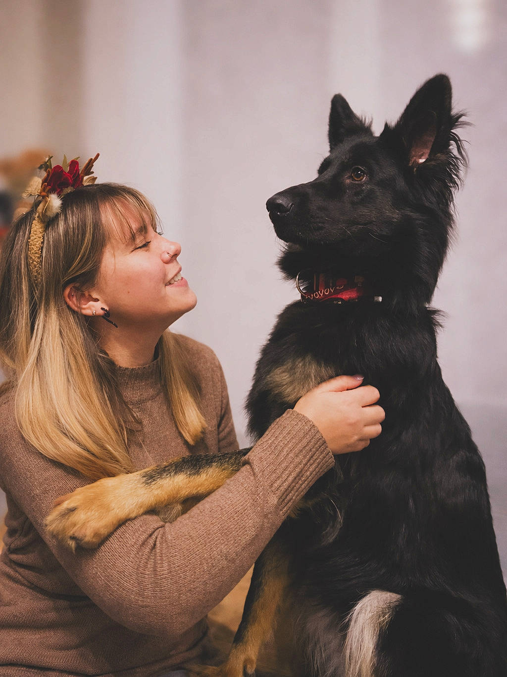 affection, animal, black_dog, companion, cozy_sweater, cute, dog, ears, face, friendship, fur, german_shepherd, happy, headband, hugging, indoor, pet, portrait, smiling, woman