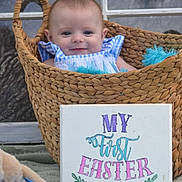 Connor joined the competition — help win amazing prizes! baby, basket, blue_clothing, child, cute, easter, easter_sign, face, festival, first_easter, front_view, happy, indoors, infant, plush_toy, portrait, sign, smile, woven_basket, young_child