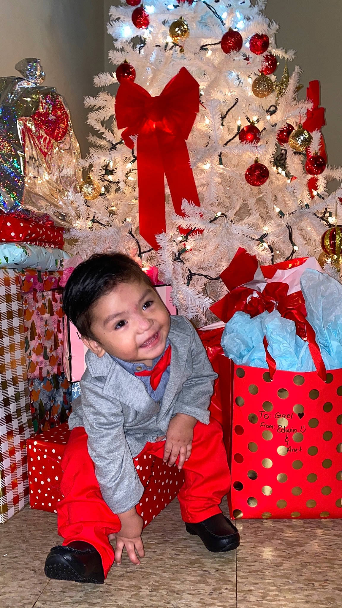 Gael is registered to the contest to win money with this photo: child, christmas, christmas_decoration, christmas_eve, christmas_tree, event, happy, holiday, interior_design, person, red, toddler, tree
