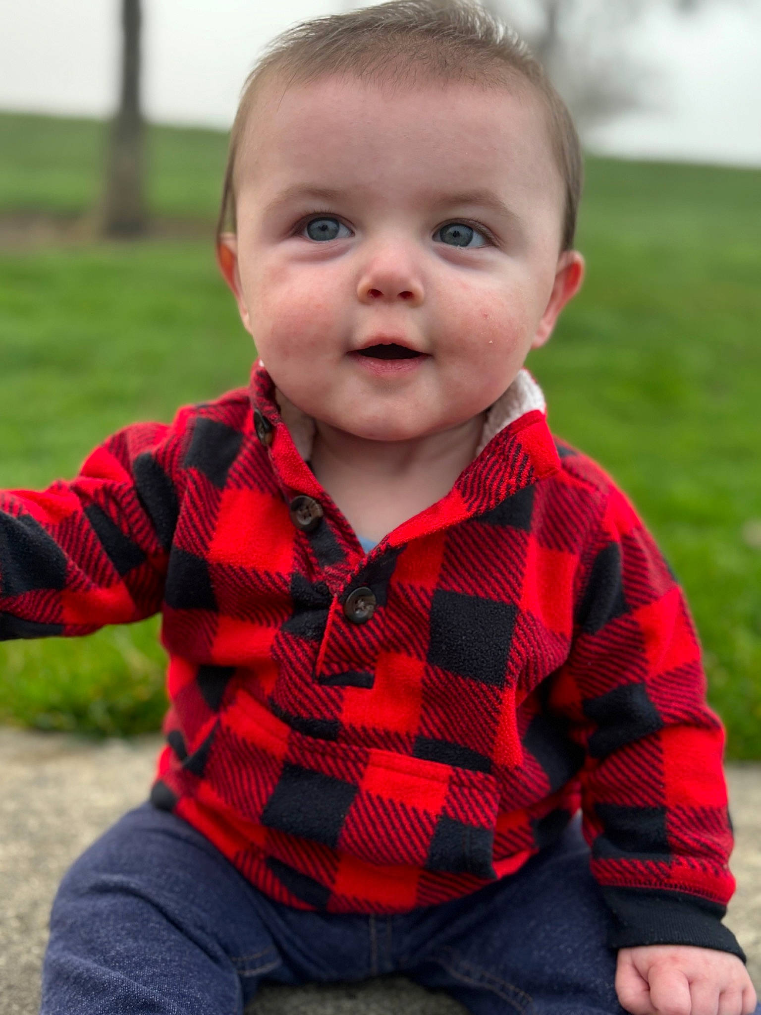 Axel is registered to the contest to win money with this photo: baby_toddler_clothing, cheek, chin, collar, dress_shirt, eye, grass, hair, hairstyle, happy, head, lip, pattern, person, plaid, plant, red, skin, sleeve, tartan