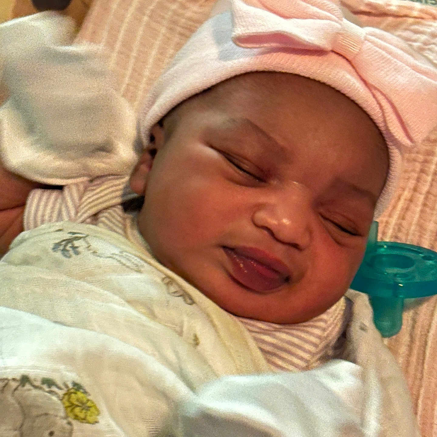 Promise joined the competition — help win amazing prizes! adorable, baby, blanket, child, closeup, clothing, cute, face, hat, indoor, infant, newborn, pacifier, peaceful, pink_bow, resting, sleeping, soft, swaddled, toddler