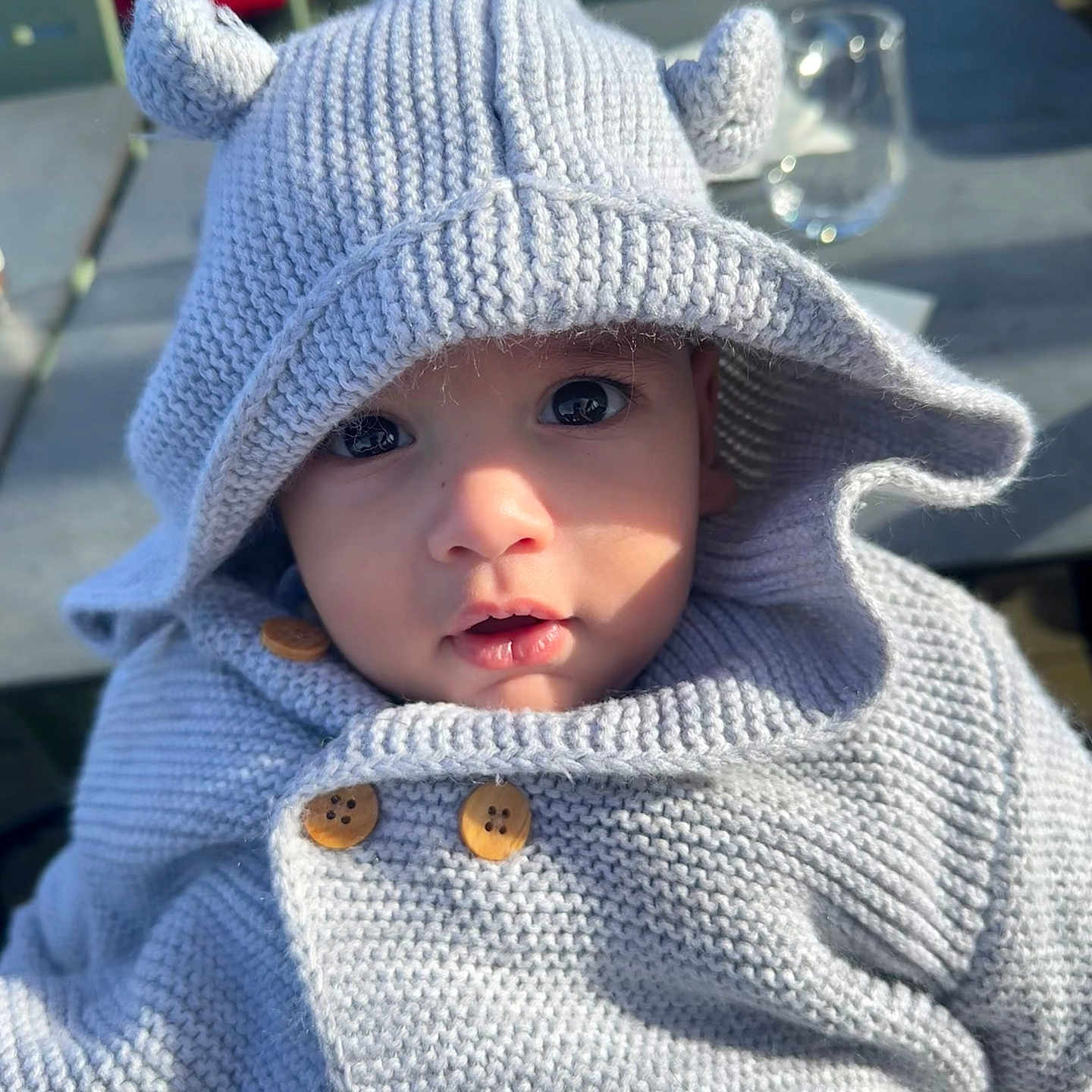 Baby Love a rejoint le concours — aidez-le/la à gagner de superbes lots ! baby, buttons, chair, child, cozy, curious, cute, ears, eyes, face, glass, hood, infant, knitted_hoodie, outdoor, portrait, sitting, sunlight, table, warm_clothing