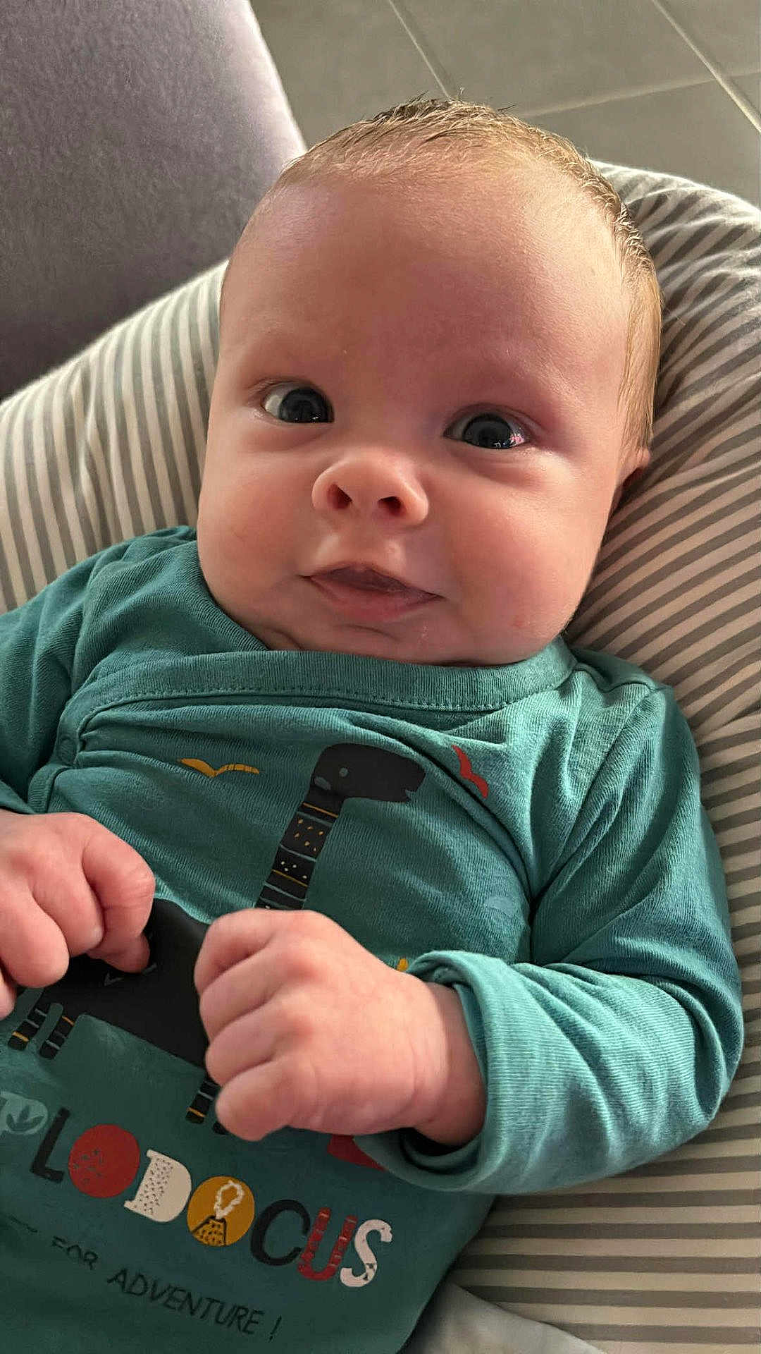 Matéo participe au concours pour gagner de l'argent avec cette photo : baby, infant, face, hands, teal_shirt, dinosaur_print, cushion, striped, indoor, portrait, close_up, cute, child, young, smile, curious, skin, fingers, cozy, soft_lighting