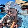 baby, child, pool, water, hat, sunhat, swimsuit, polka_dot, cherry_pattern, tongue_out, tattoo, adult_hand, summer, outdoor, sunny, blue_sky, umbrella, house, playful, cute