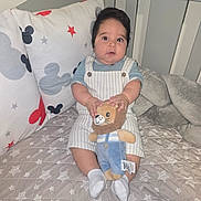Ethan Pérez is registered to the contest to win money with this photo: baby, crib, stuffed_toy, lion, pillow, bedding, stars, mickey_mouse, child, infant, clothing, socks, cute, indoor, furniture, person, toy, soft, comfort, sleep_area