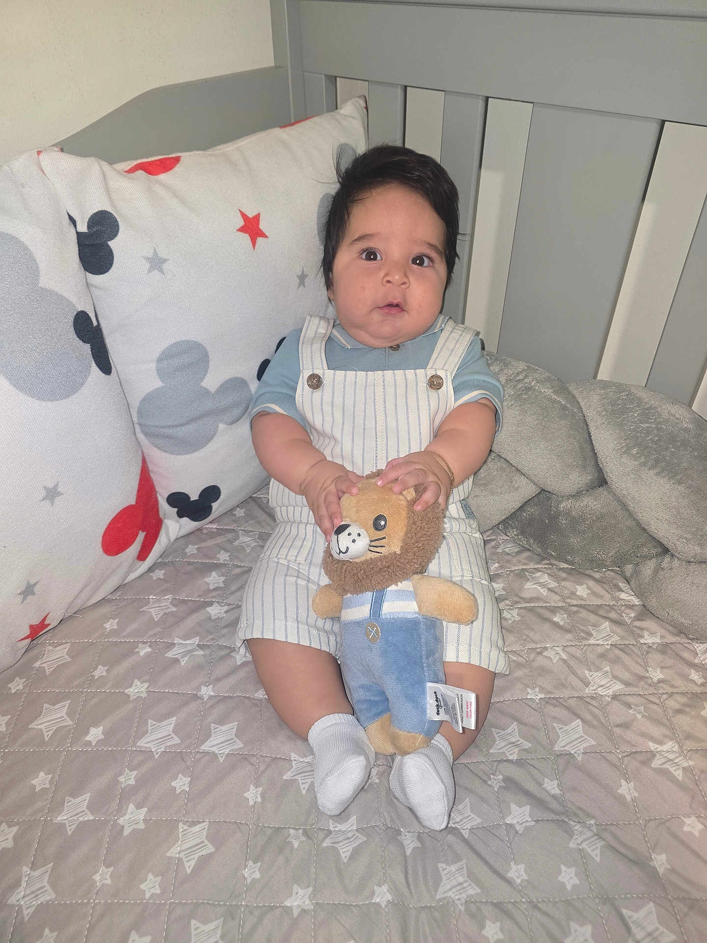 Ethan Pérez is registered to the contest to win money with this photo: baby, crib, stuffed_toy, lion, pillow, bedding, stars, mickey_mouse, child, infant, clothing, socks, cute, indoor, furniture, person, toy, soft, comfort, sleep_area