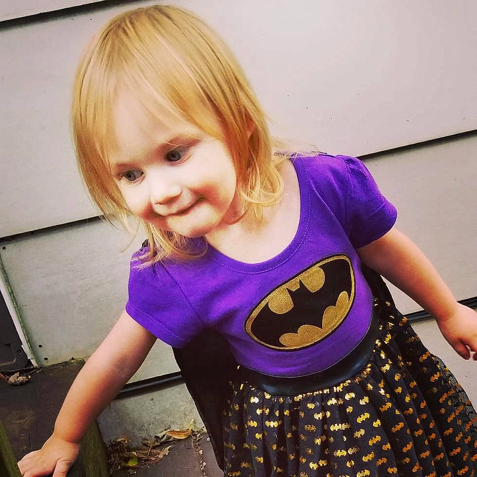 Willow joined the competition — help win amazing prizes! batman, child, clothing, costume, fictional_character, joy, justice_league, pattern, person, play, purple, sleeve, sportswear, superhero, t_shirt, toddler