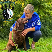 Romy a rejoint le concours — aidez-le/la à gagner de superbes lots ! affection, blue_hoodie, casual_clothing, chocolate_labrador, collar, dog, glasses, grass, greenery, happy, kneeling, leash, logo, nature, outdoor, paw_print, person, pet, short_hair, smiling