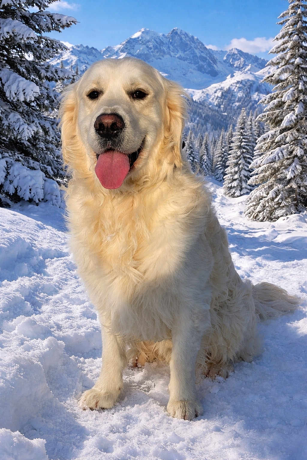 Volt a rejoint le concours — aidez-le/la à gagner de superbes lots ! dog, golden_retriever, snow, winter, mountains, pine_trees, tongue_out, sitting, fur, outdoors, snowy_landscape, happy, pet, canine, portrait, nature, paws, nose, muzzle, blue_sky