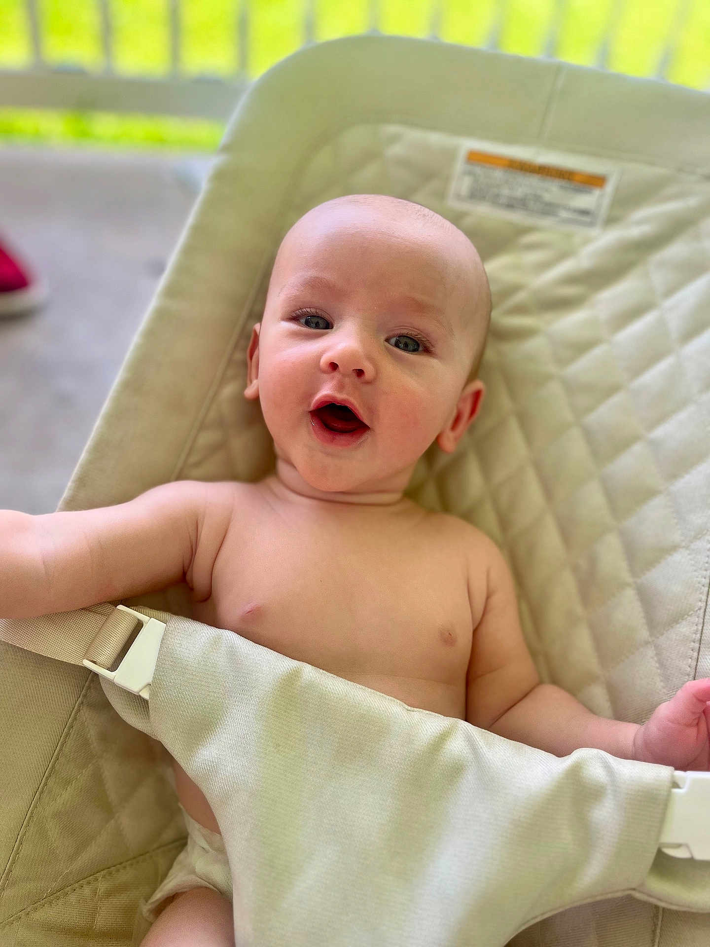 Wyatt joined the competition — help win amazing prizes! baby, infant, child, seat, strap, padded, smiling, open_mouth, skin, bare_chest, diaper, indoor, daylight, comfort, cute, portrait, happy, face, head, person