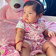 Alaia is registered to the contest to win money with this photo: baby, infant, child, pink, teddy_bear, blanket, flower_headband, cute, soft, plush, indoors, portrait, sitting, clothing, hand, foot, toy, window, curtain, comfortable