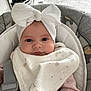 Averie-Bay is registered to the contest to win money with this photo: baby, infant, child, headband, bow, bib, seat, baby_seat, clothing, pink_sweater, face, eyes, indoor, floor, rug, fireplace, blanket, comfort, portrait, cute