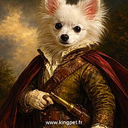 Bouba participe au concours pour gagner de l'argent avec cette photo : animal_portrait, brown, cape, clouds, costume, dog, embroidery, fancy, fluffy, gloves, historical_clothing, noble, outdoor_background, portrait, red_cape, renaissance_style, sky, telescope, watermark, white_fur