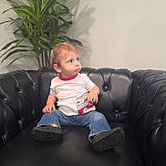 Isaiah is registered to the contest to win money with this photo: toddler, child, sitting, leather_couch, black_couch, white_tshirt, red_collar, fire_truck, blue_jeans, black_shoes, houseplant, indoor, minimalist, beige_wall, curious_expression, short_hair, furniture, portrait, casual_clothing, young_child