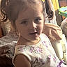 Annalise is registered to the contest to win money with this photo: child, girl, toddler, portrait, pigtails, hair_ties, floral_dress, dress, smiling, indoors, sunlight, warm_lighting, furniture, couch, blanket, toy, home, close_up, sitting, face