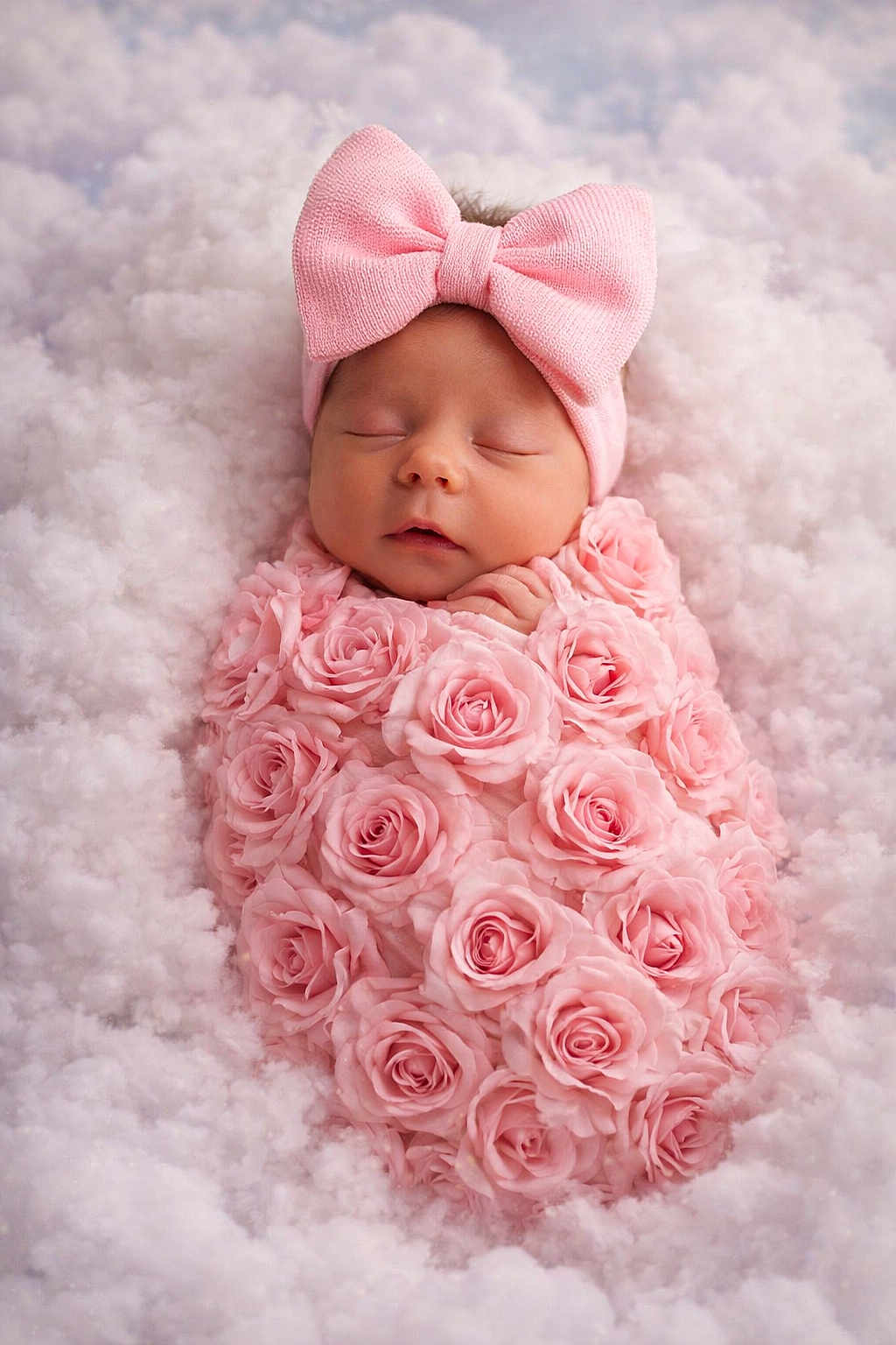 Amina Isla joined the competition — help win amazing prizes! newborn, baby, pink_bow, roses, flower_blanket, sleeping, face, headband, soft, fluffy, cloud_like, portrait, cute, infant, peaceful, wrapped, closeup, skin, young_child, delicate