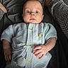 baby, infant, knitted_clothing, blue, blanket, bed, human_hand, person, adult_leg, patterned_pants, curious_expression, indoor, portrait, soft_lighting, cozy, cute, newborn, lying_down, closeup, child
