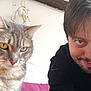 Norita a rejoint le concours — aidez-le/la à gagner de superbes lots ! background, casual_clothing, cat, close_up, couch, curious, face, facial_hair, gray_tabby, hair, indoor, person, pet, plant, potted_plant, selfie, smiling, whiskers, wooden_beam, yellow_eyes