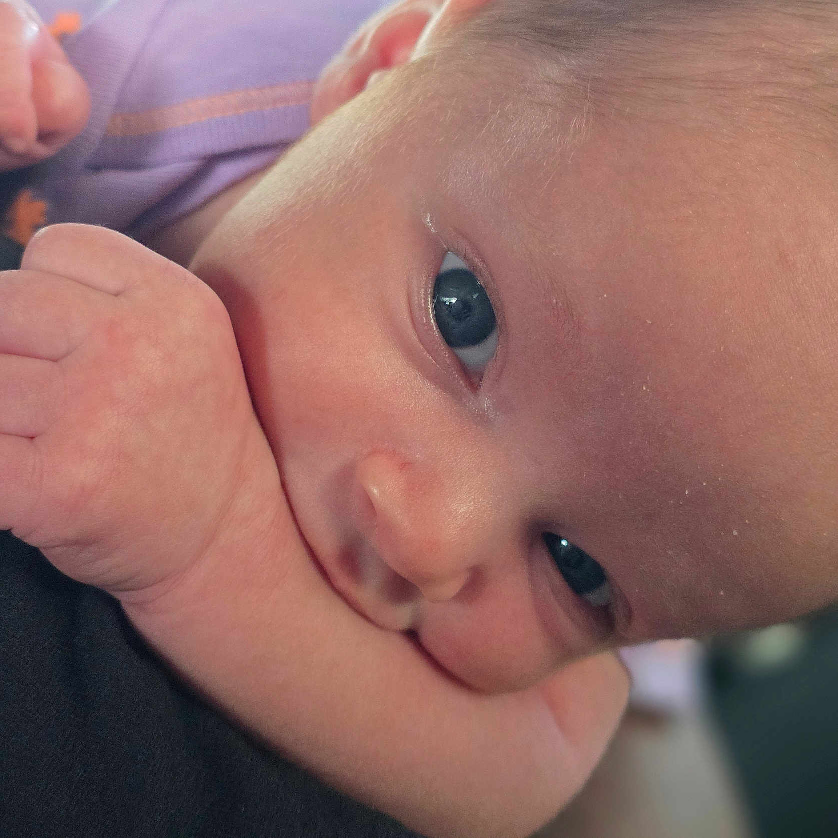 Kelsie is registered to the contest to win money with this photo: baby, close_up, face, skin, hand, infant, curious, purple_clothing, soft_light, portrait, newborn, child, resting, eyes, cute, small, person, young, peaceful, indoors