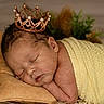 newborn, baby, sleeping, crown, pillow, blanket, yellow, pearl, soft, cute, infant, resting, portrait, indoors, peaceful, wrapped, child, head, face, cozy