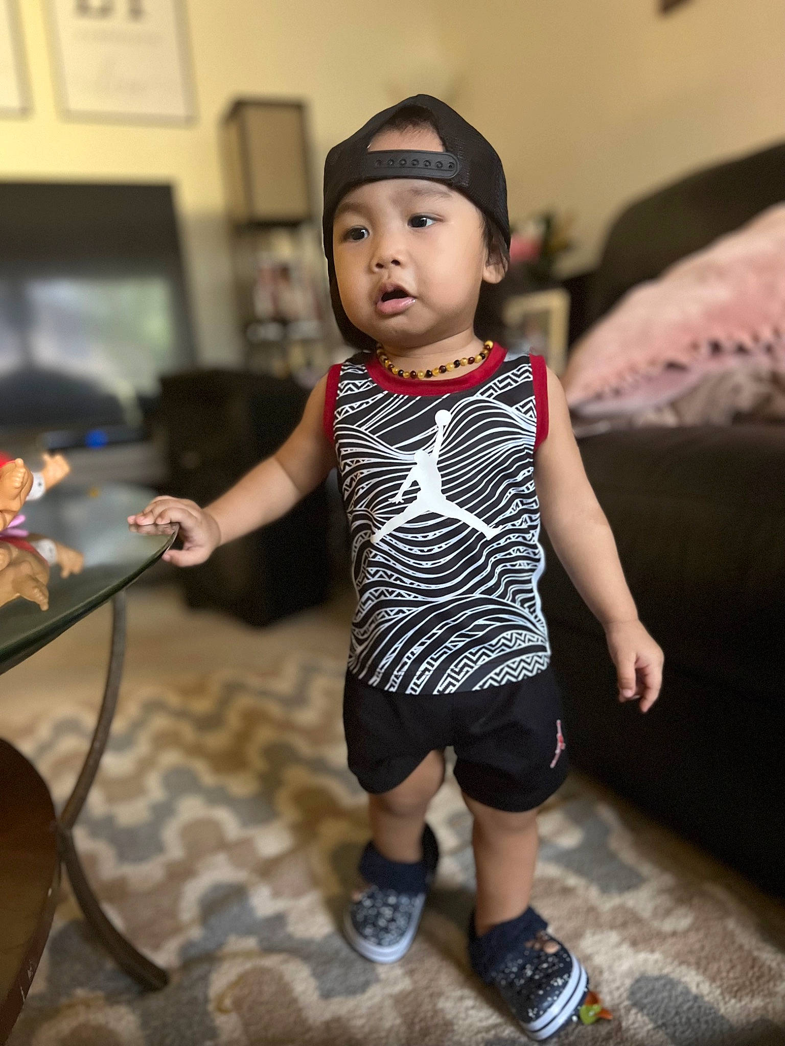 Mason joined the competition — help win amazing prizes! baby, baby_toddler_clothing, child, fashion_design, flash_photography, flooring, fun, hairstyle, happy, hat, headwear, human, person, room, shorts, sitting, skin, sleeve, standing, t_shirt