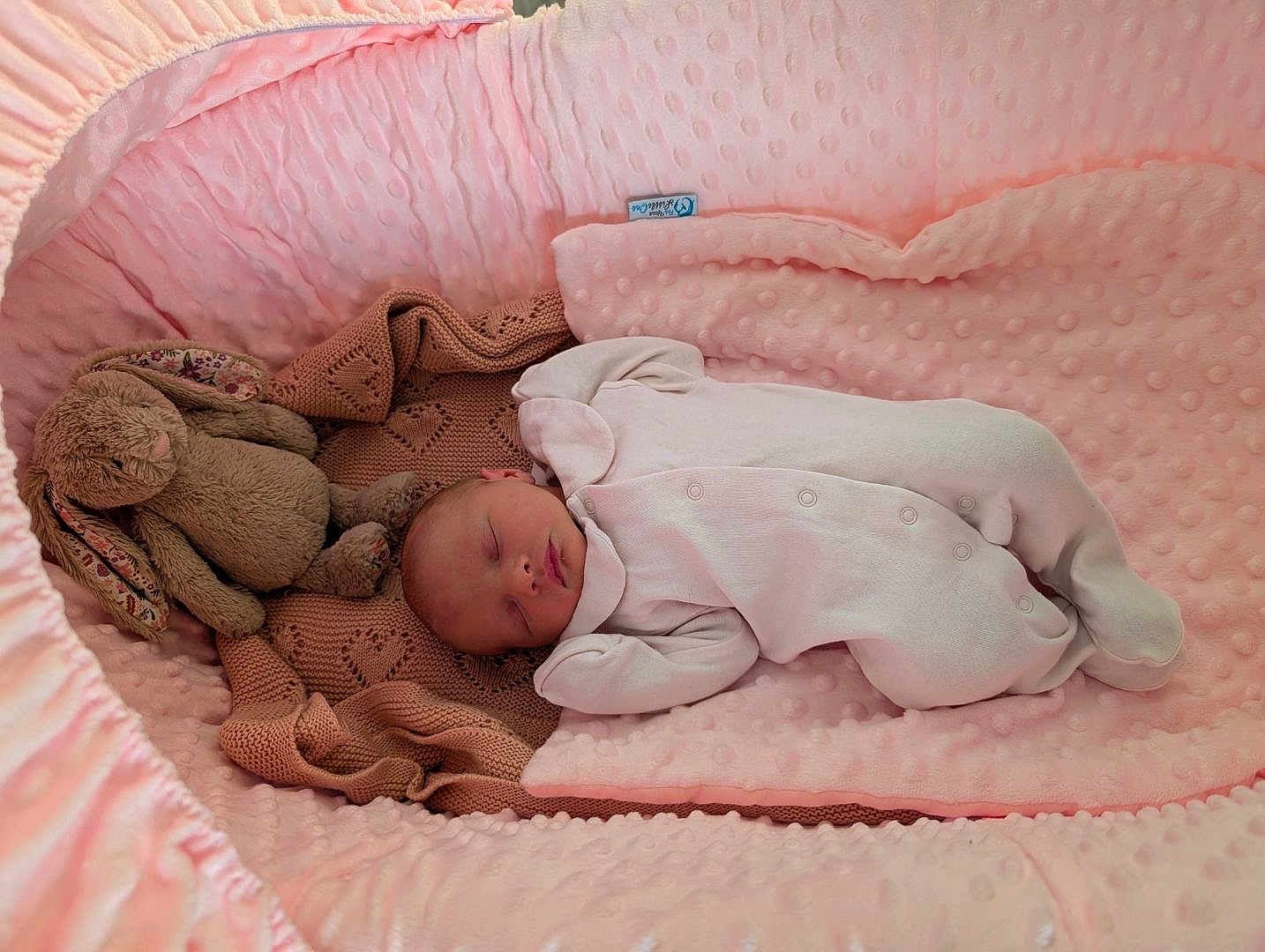 Aurelea joined the competition — help win amazing prizes! baby, newborn, sleeping, onesie, plush_toy, bunny, blanket, bassinet, pink, soft_texture, cozy, infant, child, cute, resting, bed, comfort, nursery, peaceful, portrait