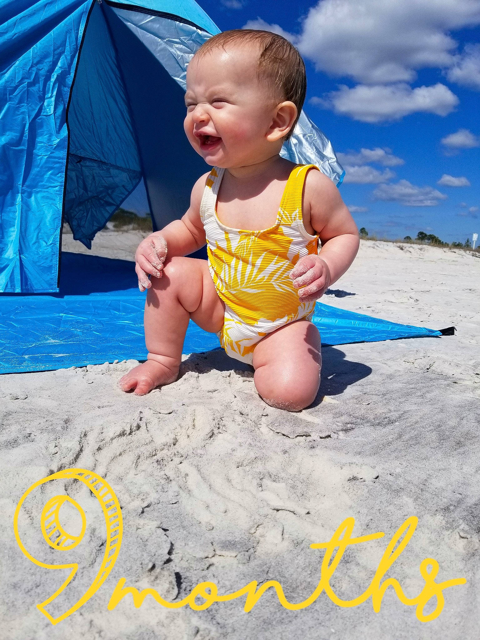 Opal joined the competition — help win amazing prizes! azure, baby_toddler_clothing, barefoot, blue, cloud, fun, happy, leisure, people, people_in_nature, people_on_beach, person, sand, shorts, sky, smile, summer, t_shirt, tent, toddler