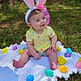 Izzy joined the competition — help win amazing prizes! baby, bunny_ears, yellow_dress, crocheted_blanket, easter_eggs, outdoor, grass, spring, cute, child, smiling, happy, playful, easter, holiday, headwear, colorful, sitting, infant, nature