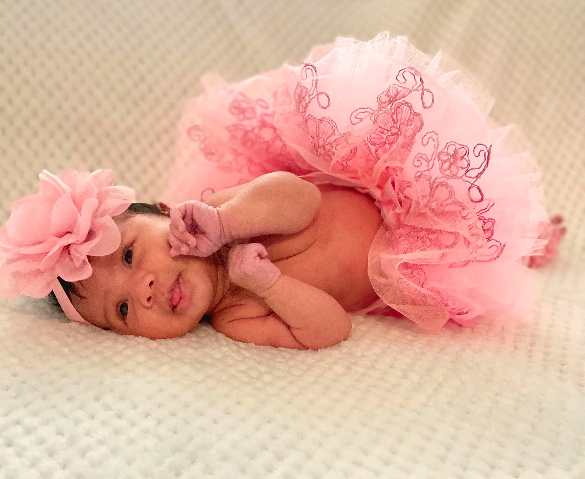 Juliana joined the competition — help win amazing prizes! baby, baby_sleeping, baby_toddler_clothing, bedding, child, comfort, dress, flooring, flower, hair_accessory, happy, headband, headgear, headpiece, headwear, linens, lip, person, petal, pink
