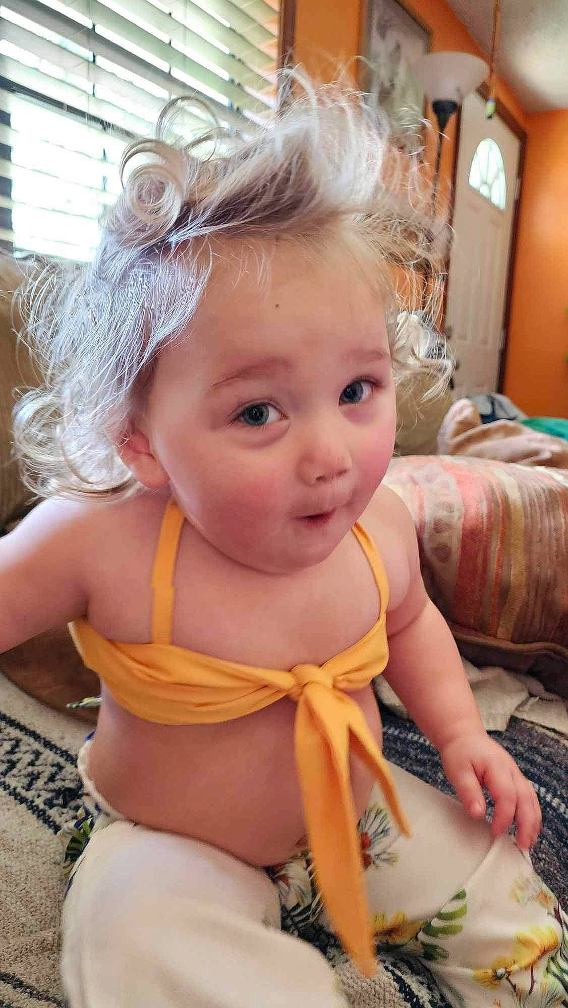 Harper joined the competition — help win amazing prizes! baby, baby_toddler_clothing, blond, cheek, chest, child, chin, eye, fun, hair, happy, human_leg, iris, mouth, person, picture_frame, sitting, skin, thigh, toddler