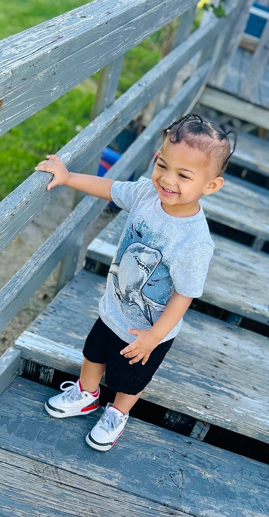 Makai joined the competition — help win amazing prizes! child, cool, denim, electric_blue, fence, flash_photography, fun, grass, happy, joy, leisure, person, shoe, shorts, sleeve, sneakers, standing, t_shirt, thigh, toddler