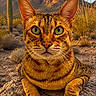 cat, desert, rock, cactus, mountain, close_up, animal, wildlife, sunlight, outdoor, nature, feline, green_eyes, fur, whiskers, portrait, sitting, scenery, arid, landscape