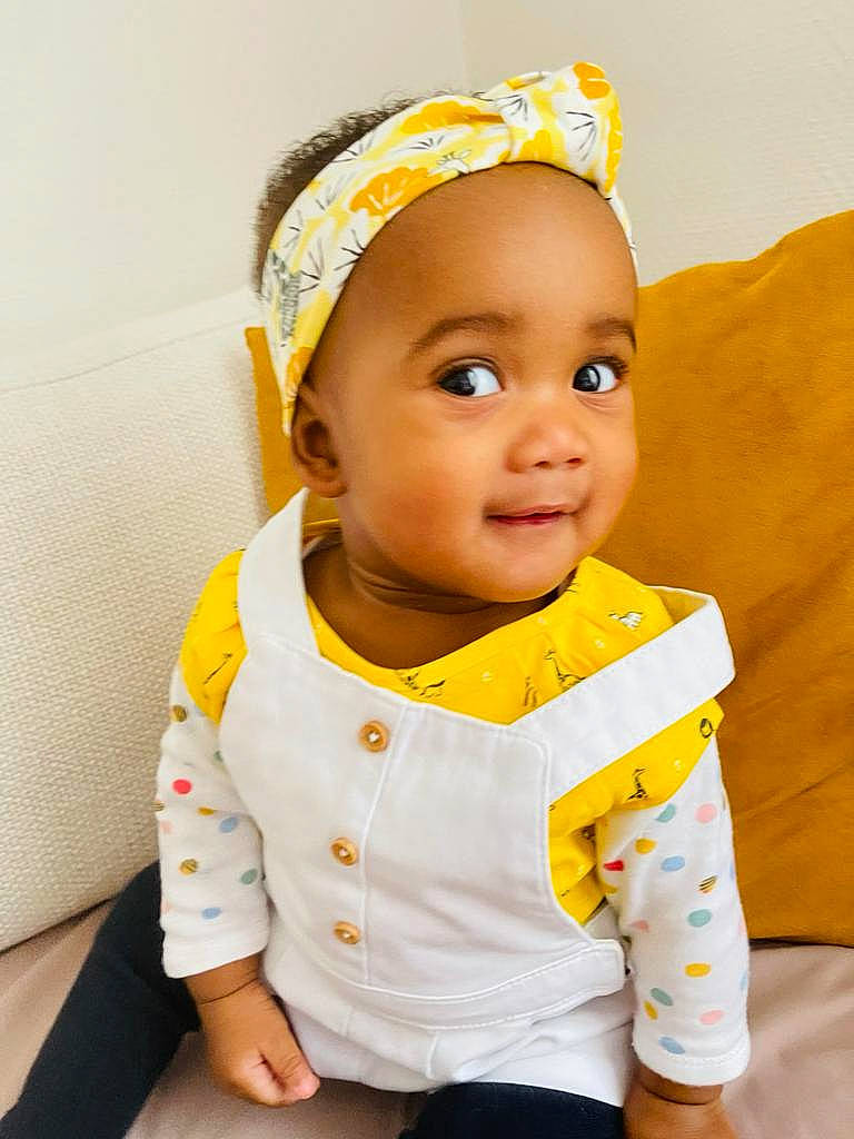 Djamila-cherif participe au concours pour gagner de l'argent avec cette photo : baby, baby_toddler_clothing, cheek, chin, collar, dress, eye, eyebrow, face, facial_expression, hand, happy, head, headwear, iris, lip, nose, person, skin, sleeve