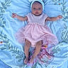 baby, infant, girl, pink_dress, headband, blanket, floral_pattern, lying_down, soft_texture, pastel_colors, cute, portrait, child, newborn, adorable, small_hands, small_feet, innocent, outdoor, resting