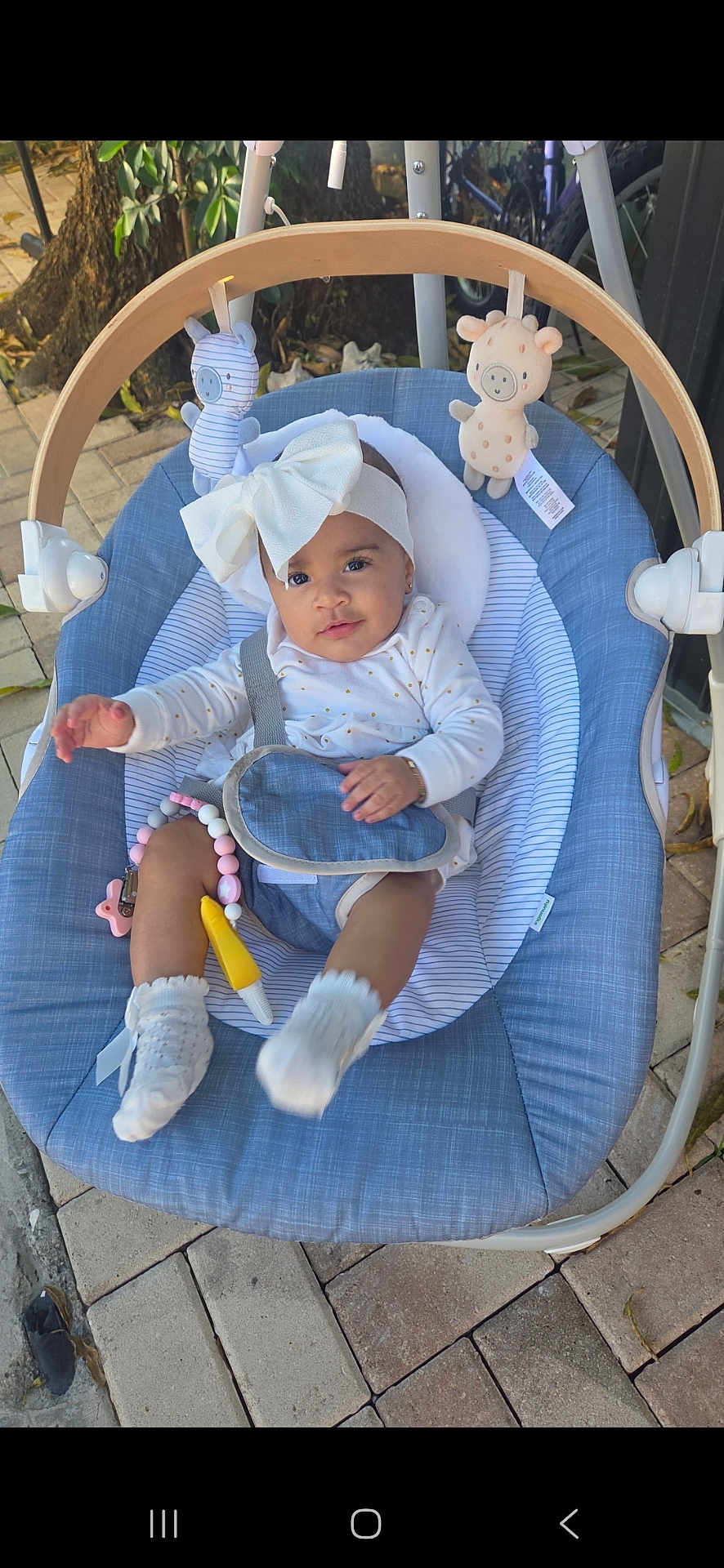 Kimberly is registered to the contest to win money with this photo: baby, child, swing, outdoor, headband, toy, plush_toy, blue_cushion, white_clothing, baby_socks, curious, smiling, baby_boy, baby_girl, infant, seat, wooden_frame, nature, tree_trunk, bicycle