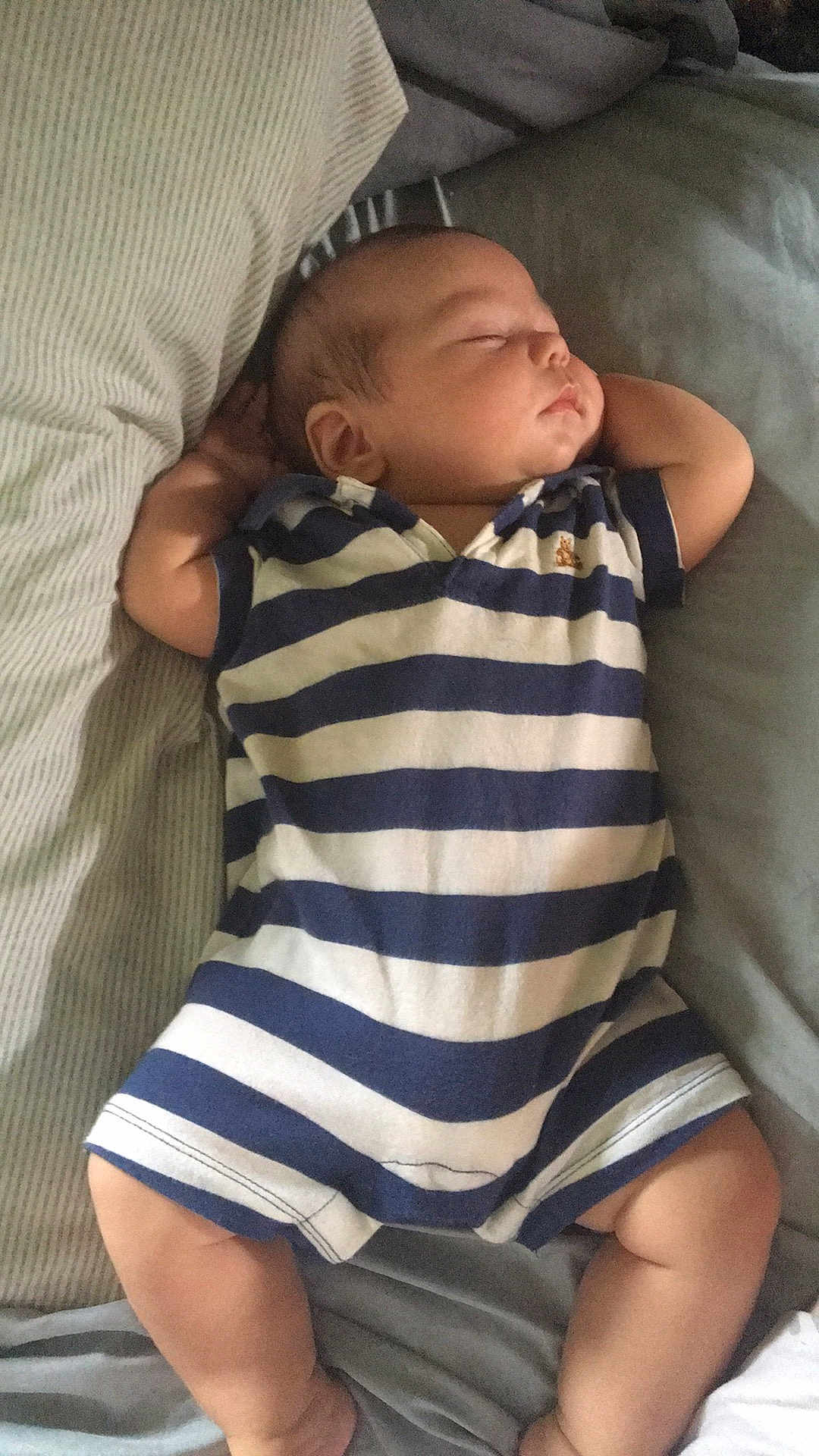 Hunter joined the competition — help win amazing prizes! baby, sleeping, infant, onesie, striped_clothing, bed, pillow, blanket, sleep, peaceful, rest, child, skin, head, arms, legs, indoors, cozy, comfort, cute