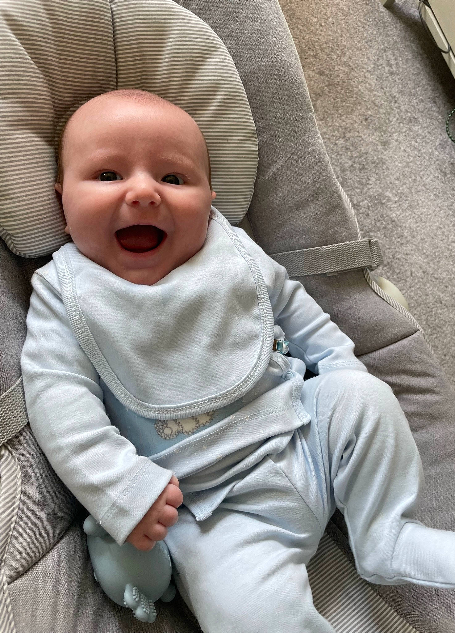 Barney joined the competition — help win amazing prizes! baby, baby_products, baby_toddler_clothing, child, collar, comfort, eye, happy, hat, linens, outerwear, person, sitting, sleeve, smile, textile, toddler