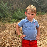 Ali Mathias participe au concours pour gagner de l'argent avec cette photo : child, boy, outdoor, nature, grass, greenery, shorts, polo_shirt, standing, confident, hands_on_hips, casual_clothing, summer, portrait, young, blond_hair, expression, daylight, natural_light, background